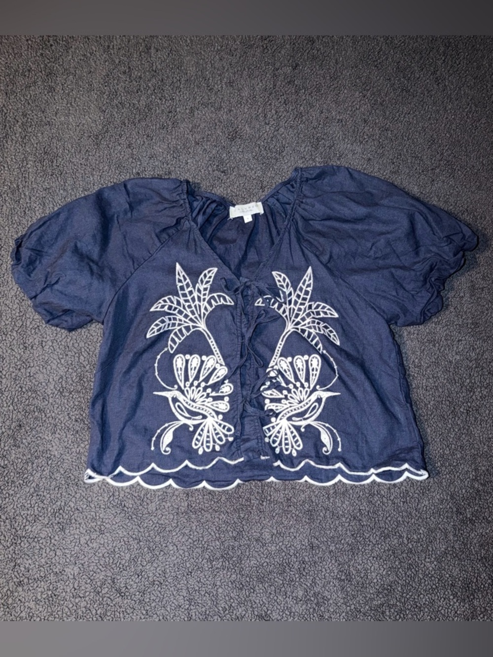 Calypso St. Barth Navy Cropped Embroidered Tie-Front Top